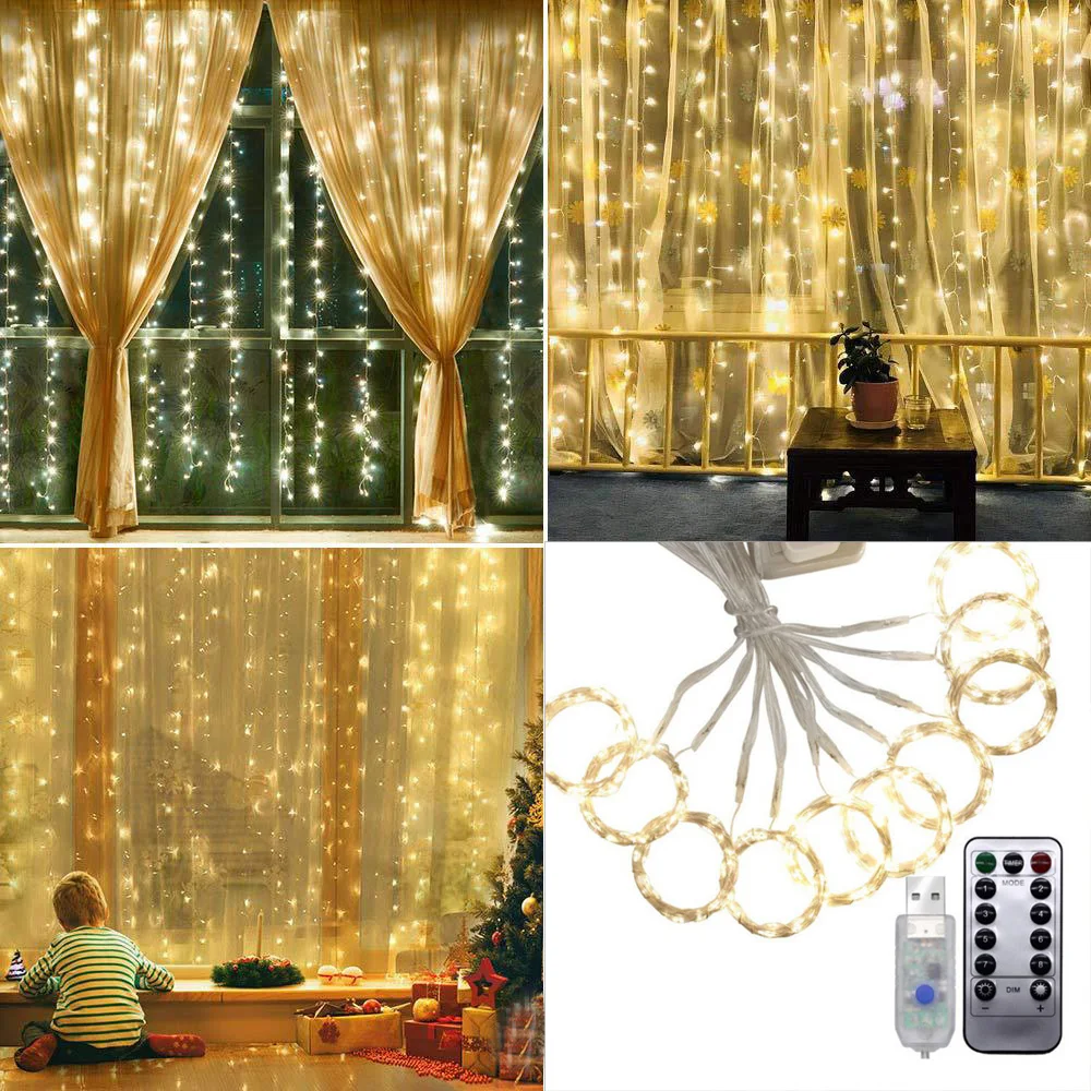 3M x 3M Silver Wire LED Icicle String Lights USB DC5V Power Christmas Curtain Fairy Lamp For Home Decoration + Remote Control