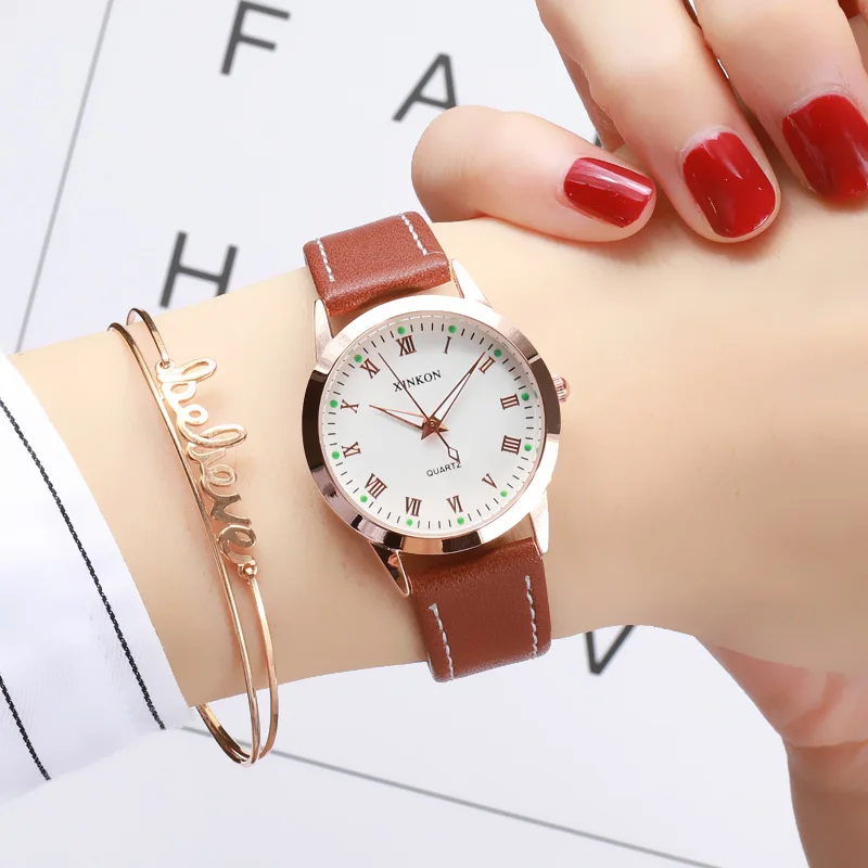 Brown white gold Простые золотые женские кожаные часы, элегантные маленькие женские часы с браслетом,, модные брендовые Ретро женские наручные часы с римским циферблатом - Цвет: Brown white gold