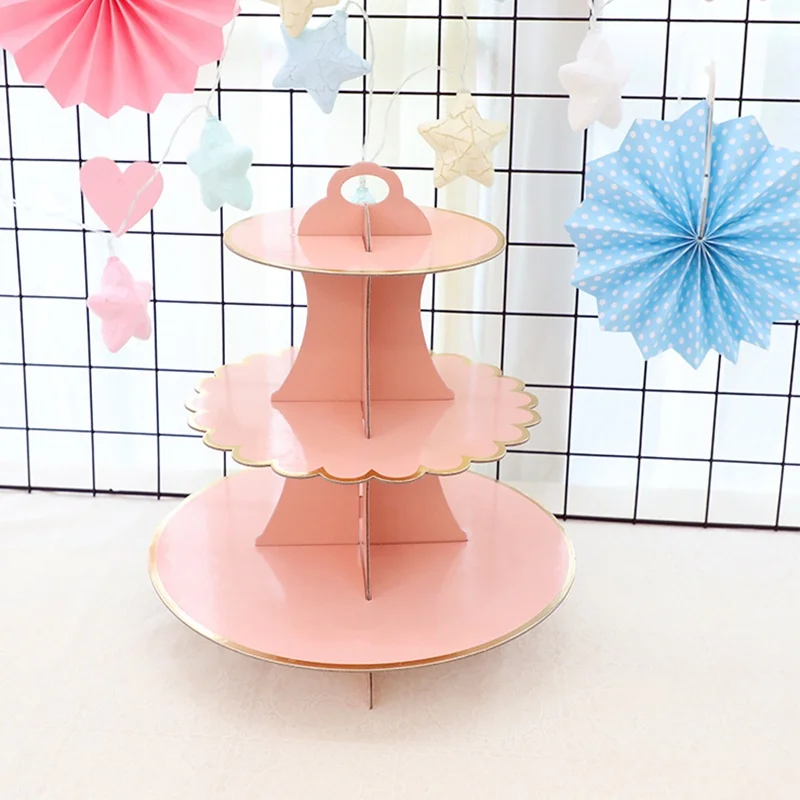 light pink 3 яруса DIY бумажная подставка для десерта и кексов, держатель для хранения конфет, стойка для свадебного украшения, дня рождения, вечеринки, десертный стол для детской вечеринки - Цвет: light pink
