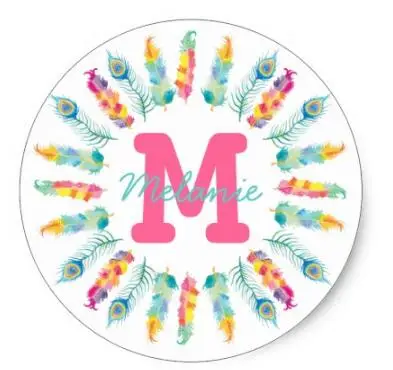 

1.5inch Watercolor Monogram Feathers Circle Boho Classic Round Sticker