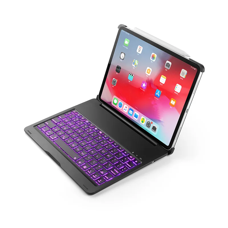 

Portable 7 Colors Backlit Keyboard Aluminum Alloy Case with Wireless Bluetooth Keyboard Cover for Apple iPad Pro 11 2018 +Stylus