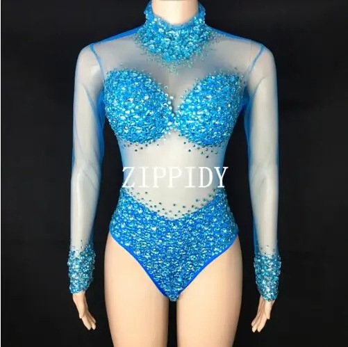 Fashion 6 Colors Stones See Through Bodysuit long Sleeves Stretch Sexy Perspective Performance Celebrate luxurious Dance outfit | Женская
