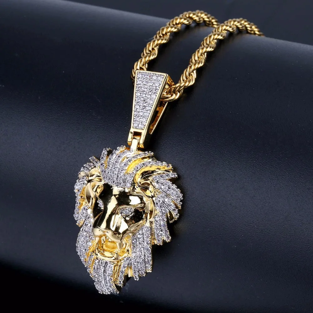Bling Золотое Животное Лев мужские печатки подвески ожерелья микро проложили CZ