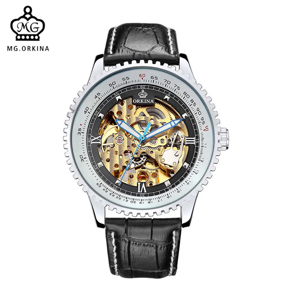 

Automatic Watch MG ORKINA Brand Mens Watches Big Dial Geared Case Leather Band Golden Skeleton Mechanical Male Relojes Watch Men
