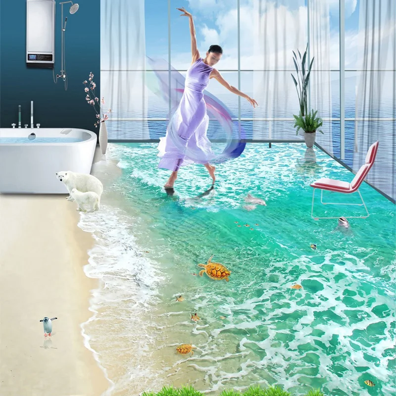 

PVC Self Adhesive Waterproof 3D Floor Tiles Wall Paper Sticker Modern Beach Waves Seawater Landscape 3D Flooring Wallpaper Roll
