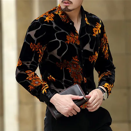 orange Mu Yuan Yang, повседневные рубашки с длинным рукавом, новая мода, цветочный принт, высокое качество, облегающие рубашки для мужчин, одежда, мужская рубашка - Цвет: orange