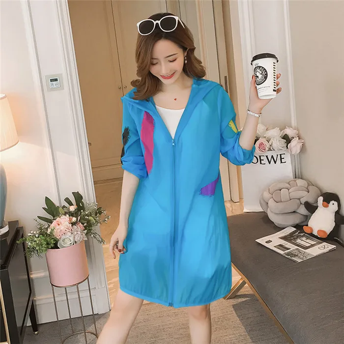 Peacock blue Большой размер, S-4XL, летняя пляжная УФ-куртка для женщин, Солнцезащитная одежда, для девушек, перспективная, свободная, с капюшоном, солнцезащитная, свободная, с принтом, топы - Цвет: Peacock blue