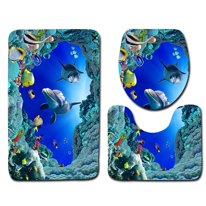 3d underwater world bathroom shower bath mat toilet lid cover bathroom carpet rugs home decoration dolphin bathroom mat set free global shipping