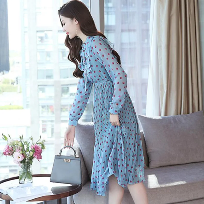 Chiffon Dress 2019 Spring New Arrival Sweet Woman Floral Vintage Female Casual Long Sleeve Bow Printed Dresses | Женская одежда