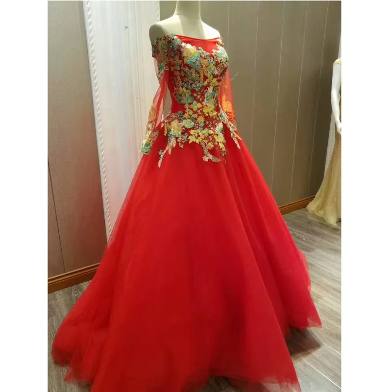 AOLANES 2017 Vestido De Noiva длинное красное вечернее платье с вышивкой и цветами расшитое