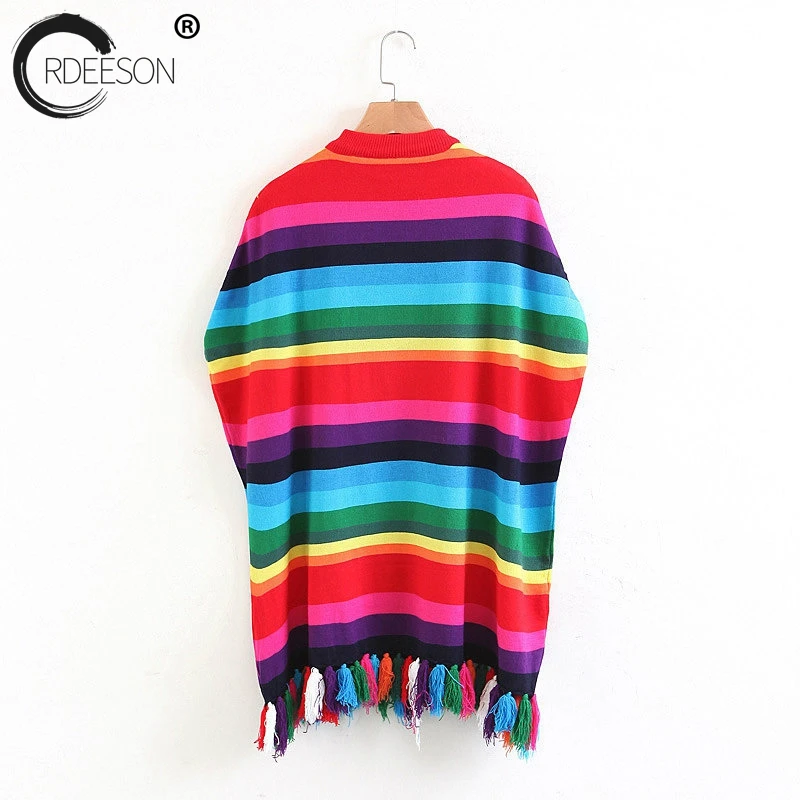 ORDEESON Rainbow Hot Drilling Tassel Tiger Head Turtleneck Winter Oversized Sweater Women Sweaters and Pullovers Poncho Jumper | Женская