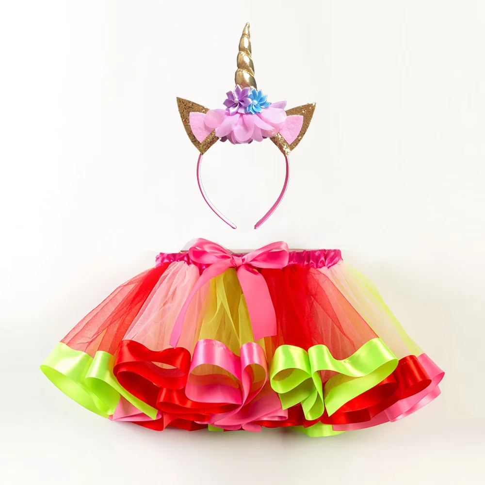 

Fashion Sweet Toddler Kids Baby Girls Clothes Tutu Skirt Outfits Summer Cute Children Tulle Skirt + headband Rainbow Skirt