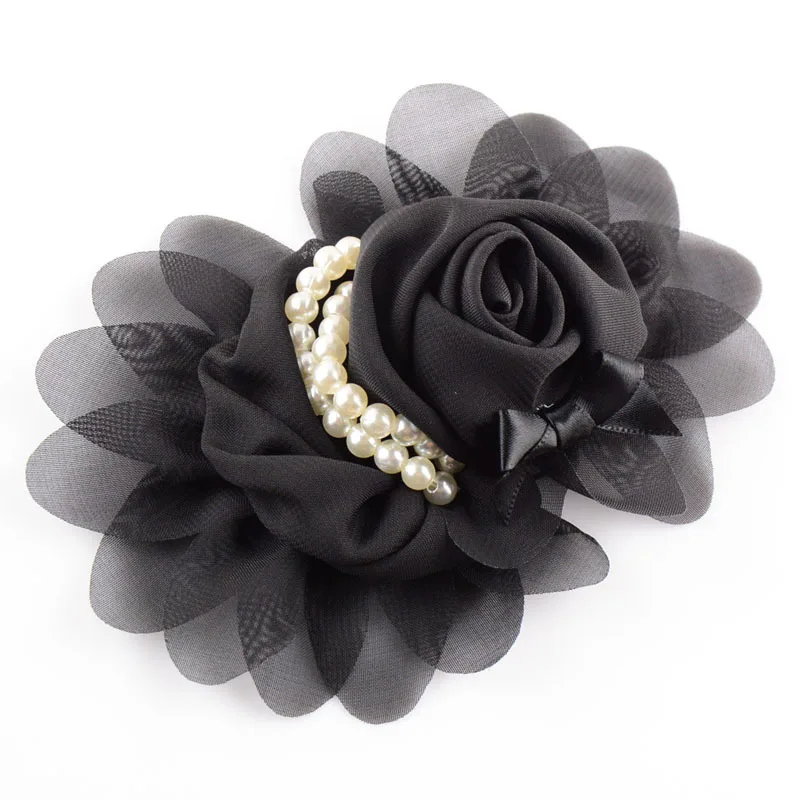 

120pcs/lot 19colors Artificial Goldfish Bowknot Chiffon Rolled Rosette Flowers+Pearls Solid Fabric Flowers For Baby Headbands