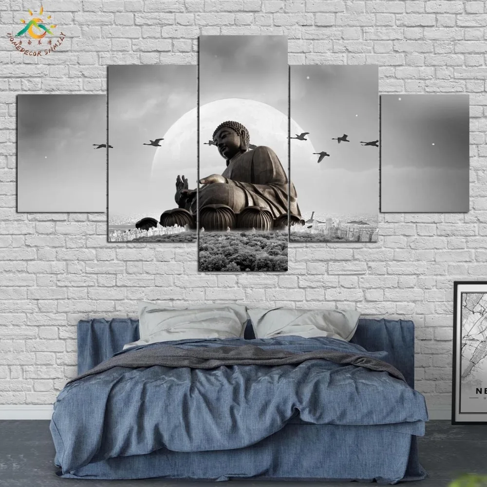 Buddha Black Status Wall Art Canvas Painting Posters and Prints Decorative Picture Decoration Home For Living Room 5 PIECES | Дом и сад