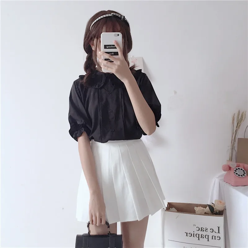 short sleeve KYQIAO девушки белая рубашка Мори девушки Лето Япония стиль короткий рукав Питер Пэн воротник сплошной блузка Лолита черная рубашка Топ - Цвет: short sleeve