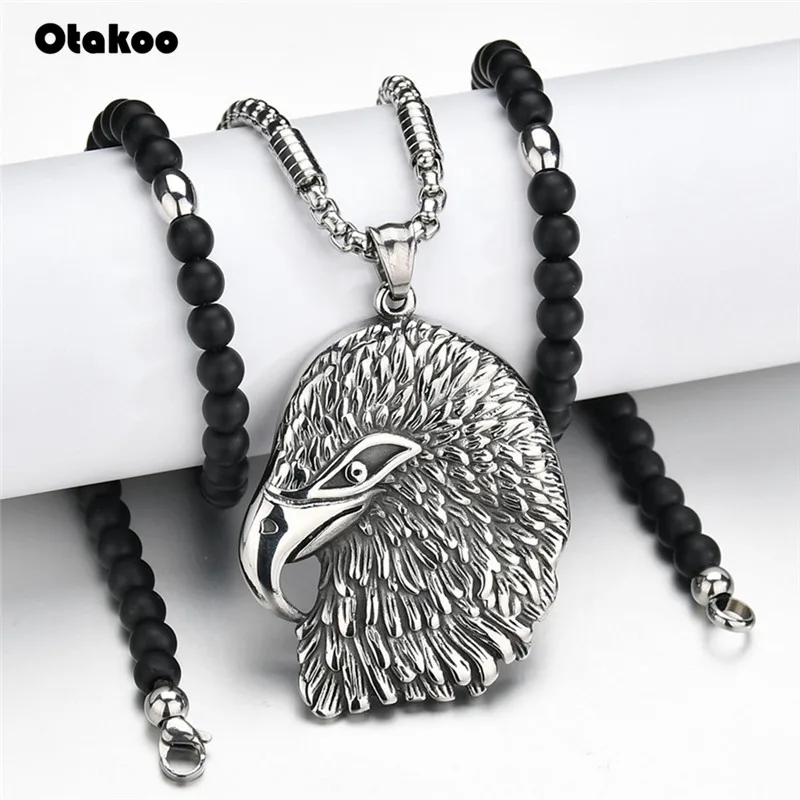 Otakoo African Glass Beads Long Chain Necklaces For Men Punk Stainless Steel Eagle Head Pendant Statement Jewelry | Украшения и