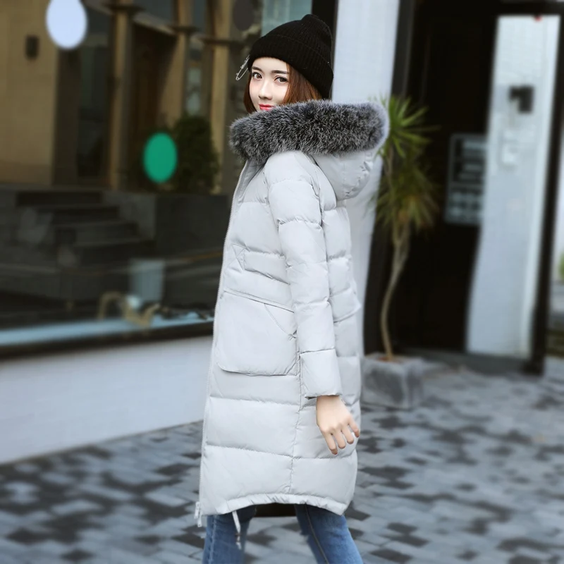 Женский зимний пуховик с капюшоном и меховым женское длинное повседневное