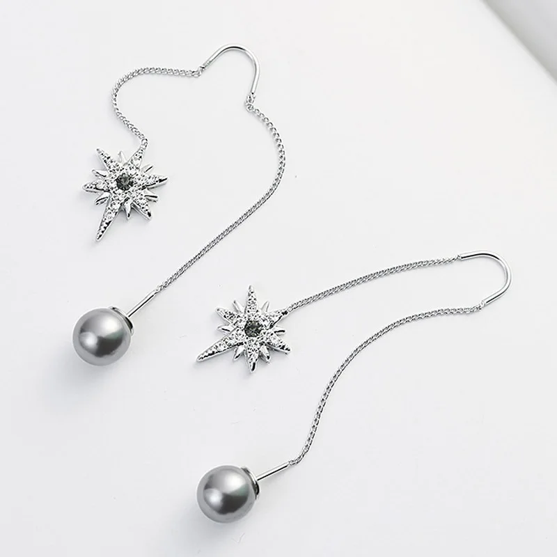Женские серые серьги подвески с имитацией жемчуга со звездами свадебные