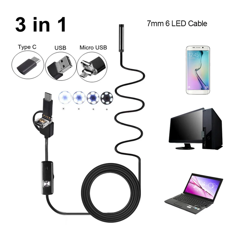 

3 в 1 Инспекционная камера бороскоп Type-C & Micro USB & USB эндоскоп водонепроницаемый IP67 для телефонов Android ПК