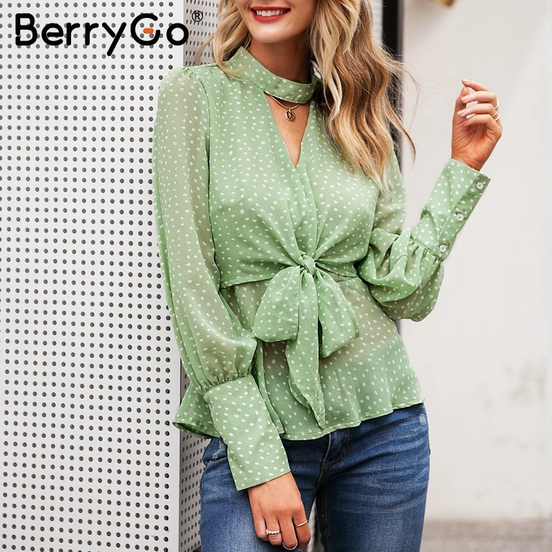 BerryGo винтажная шифоновая блузка в горошек женская рубашка галстук бабочка