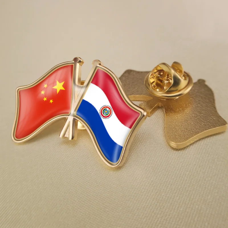 

China and Paraguay Crossed Double Friendship Flags Lapel Pins Brooch Badges