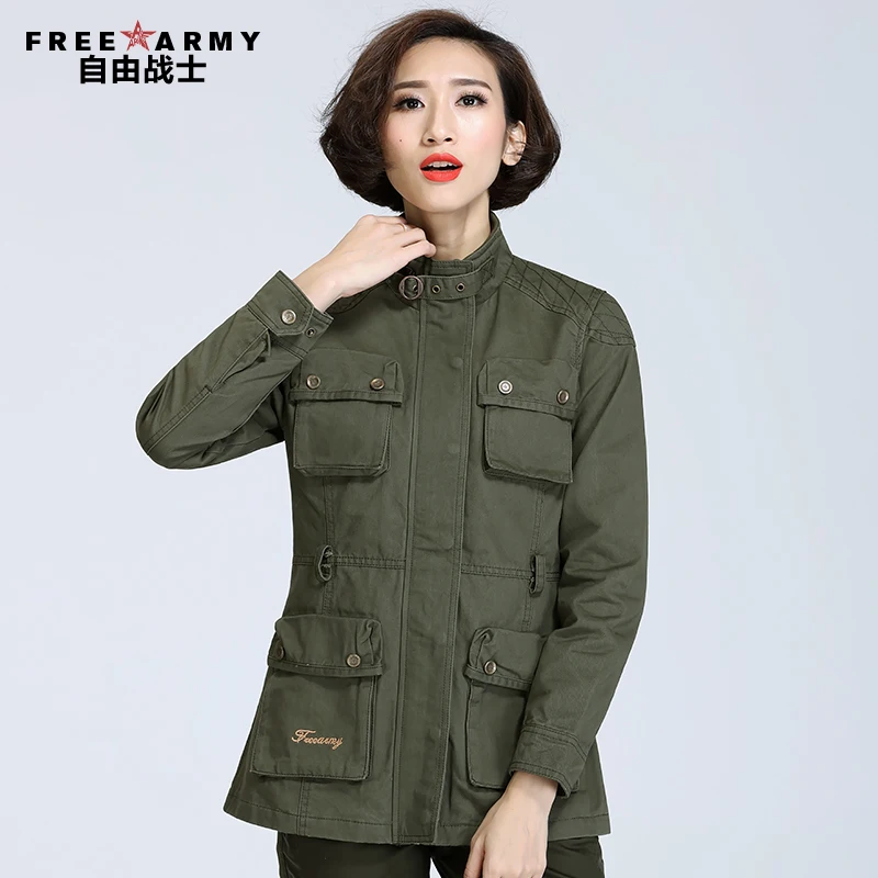 

Free army Brand outerwear female Trench Autumn medium-long women's stand collar slim multi pocket trench military GS-827