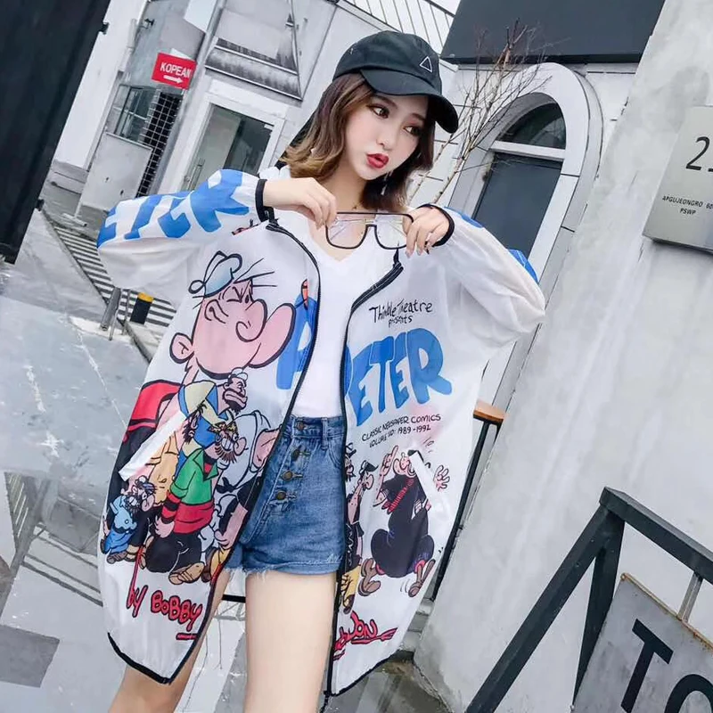 Лето мультфильм защита от солнца одежда для женщин High Street See Through Кардиган большие