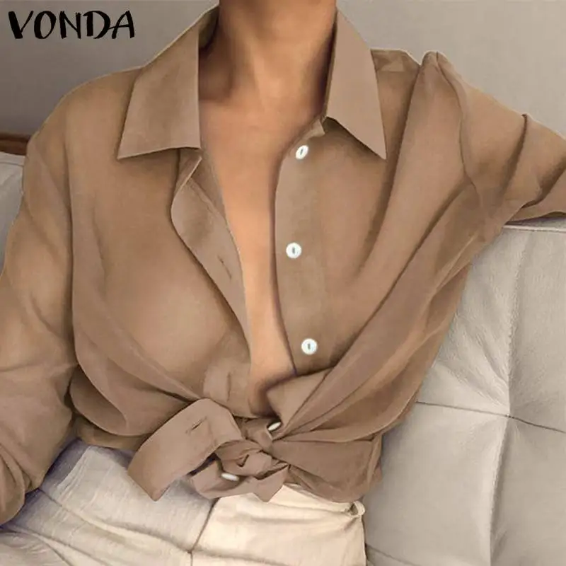VONDA, весенне-летняя пляжная одежда, женская сексуальная блуза с отворотом, с длинным рукавом, прозрачная, прозрачная, топ, Офисная рубашка, туника