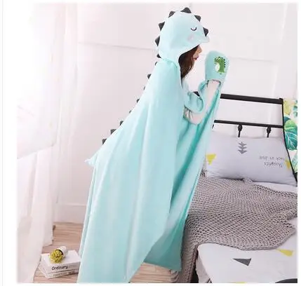 Cute dinosaur shawl plush hooded blanekt coral fleece cape blanket throw kids TV leisure indoor | Дом и сад