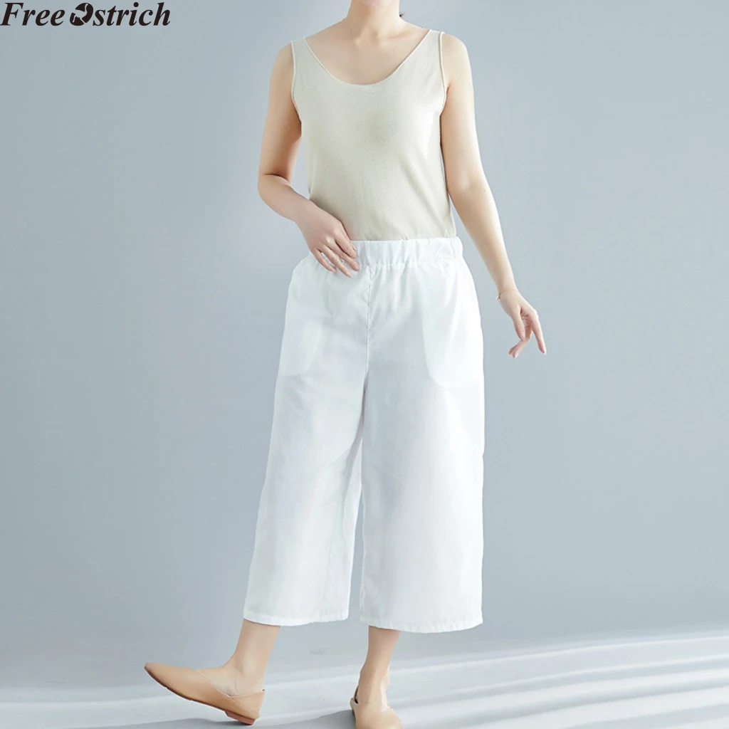 Women cotton linen loose casual trousers plus size summer solid color wide leg pants ladies black high waist elastic | Женская одежда