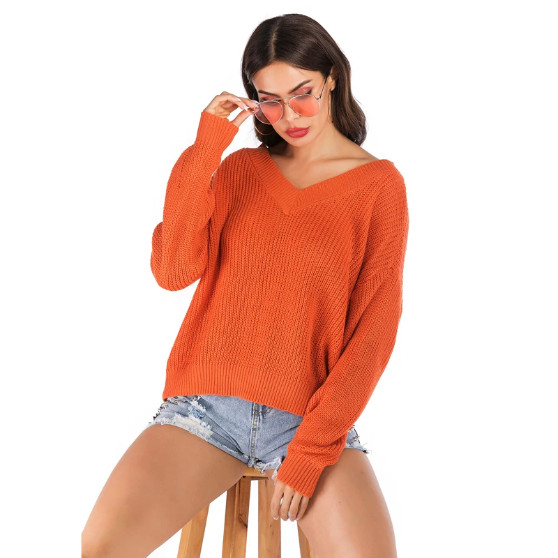 CINESSD Knitted Sweaters Women V Neck Long Sleeves Solid Pullovers Tops Orange Loose Casual Tee Shirts 2019 Autumn Lady | Женская одежда