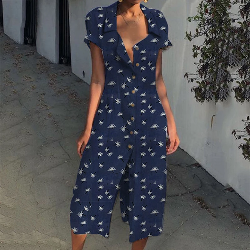 Летний комбинезон с принтом в стиле бохо Свободный коротким рукавом и v образным