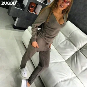 Женский трикотажный костюм Rugod, Однотонный свитер с V-образным вырезом и штаны, повседневный осенний теплый Трикотажный костюм для сна, размера плюс