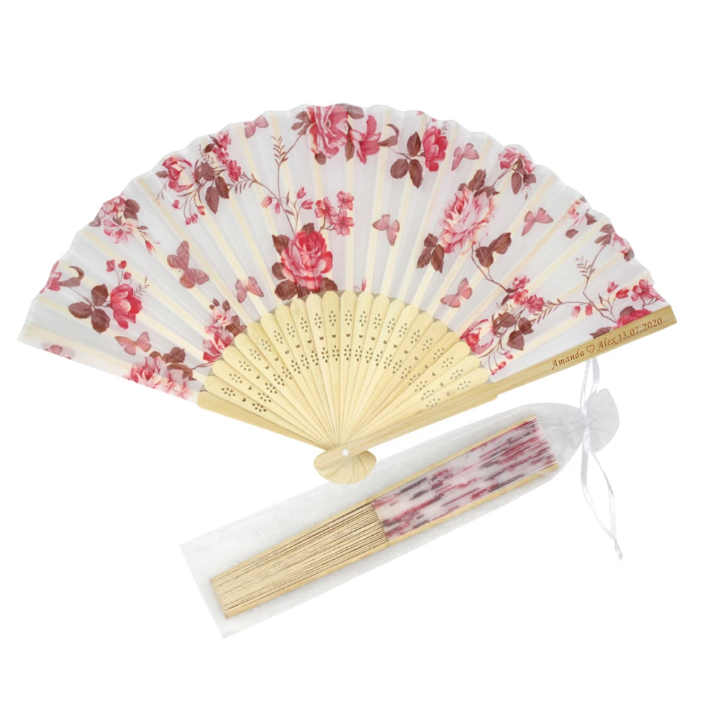

30Pcs Personalized Engraved Folding Hand Silk Fan Fold Rose Flower Plum blossom Fans Outdoor Wedding Party Decor Gift Favors