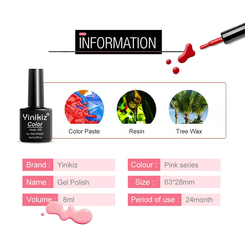 

Yinikiz New UV LED Nail Gel Lacquer Pink Series Soak Off Nail Gel Polish Long Lasting UV Glue Nail Art Varnish