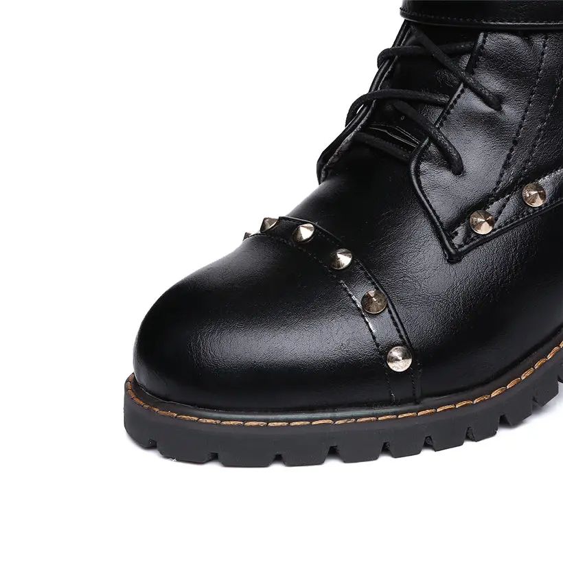 

Winter Women Martin Boots Square Thick Platform Heel Round Toe Red Rivet PU Leather Buckle Zipper Spring Plush Short Ankle Boots