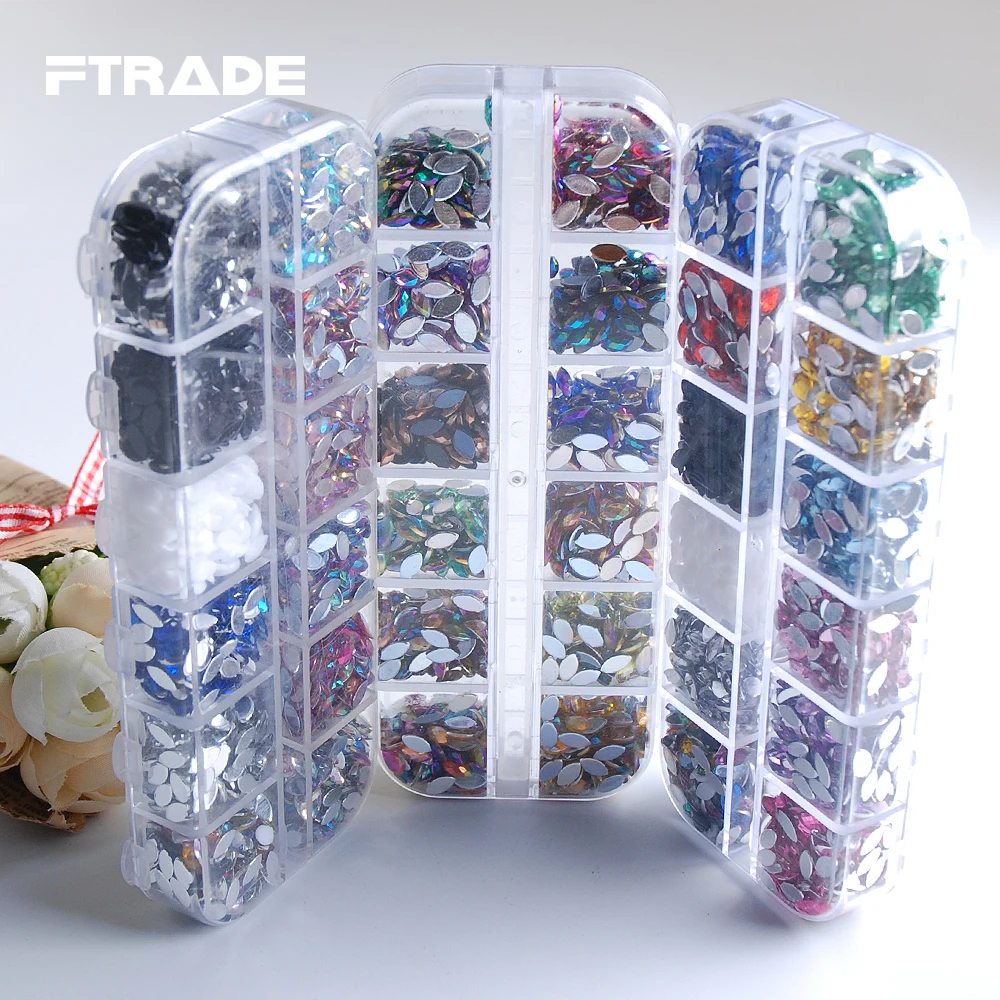 3x6mm Acrylic Horse Eye Marquise Glitter Nail Art Rhinestones 12 Color/Box About 1700pcs For Nails DIY Decorations Wedding Dress | Дом и сад