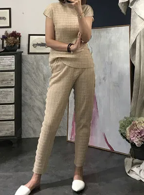 Issey Miyake двойной косу давление костюм для досуга сложить короткий рукав футболки+ девять очков Штaны-клёш комплект из двух предметов