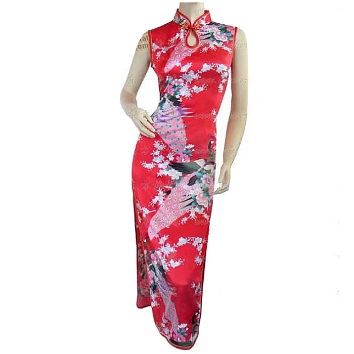 Женское длинное платье Ципао черное шелковое из искусственного шелка с цветами