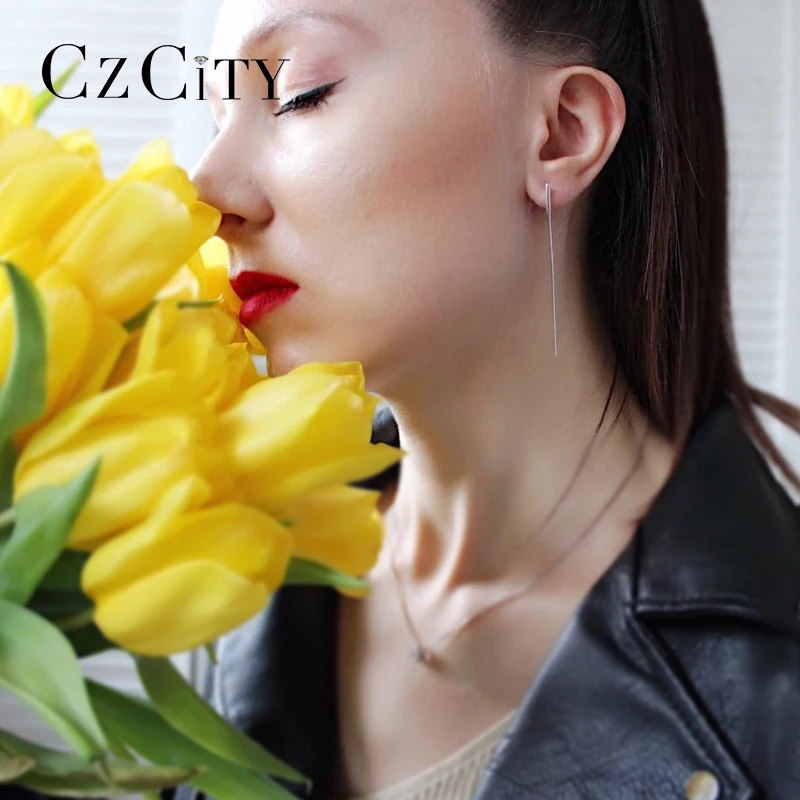 CZCITY Мода чистый длинная Серебряная цепочка Соединенные серьги на крючках Для женщин 925 пробы Серьги из бисера с кисточкой уха линия протектора капли подарок