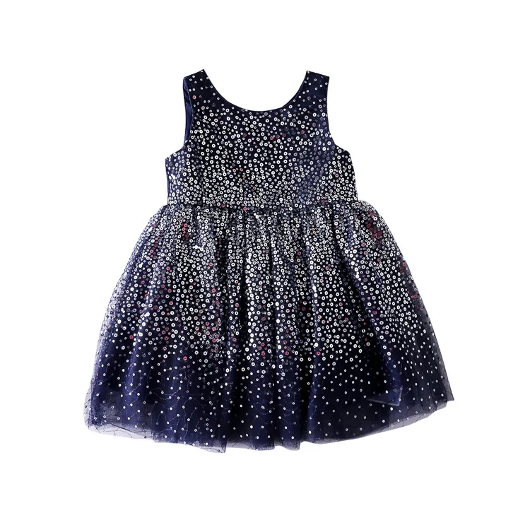 Детское летнее платье новинка 2019 без рукавов с блестками и сеткой круглым