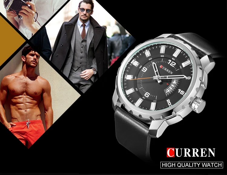 

CURREN Gear Dial Design Calendar Display Black Genuine Leather Belt Military Mens Sport Watch Top Brand Luxury Quartz Male Clock