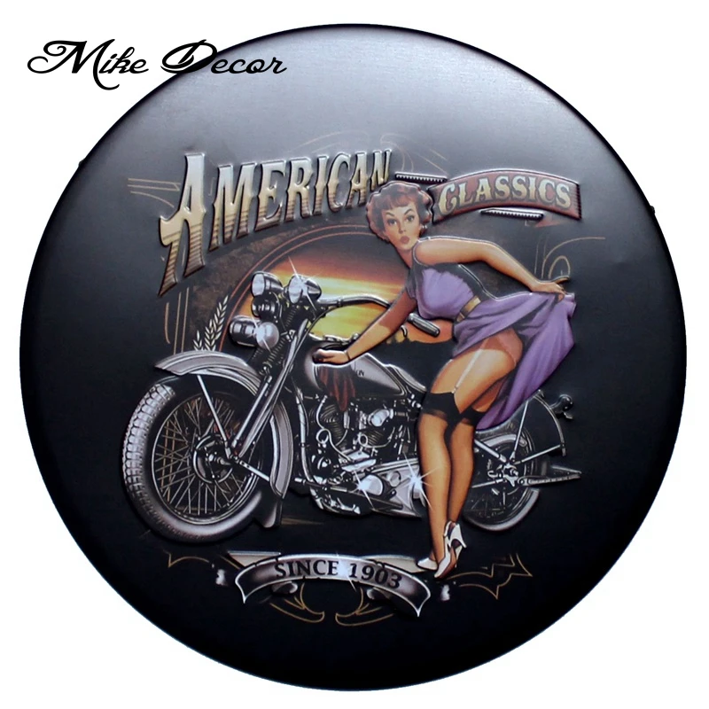 [Mike Decoration] Американский классический двигатель Pinup Леди Круглый знак живопись