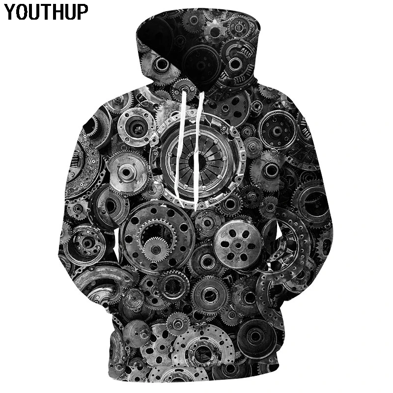 YOUTHUP 2020 Новый дизайн 3d толстовки мужские механические шестерни принт с капюшоном