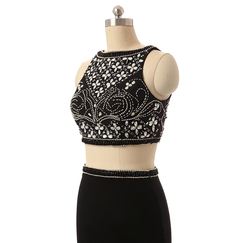 

Black Prom Dresses Mermaid High Collar Chiffon Crystals Two Piece Party Maxys Long Prom Gown Evening Dresses Robe De Soiree