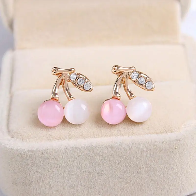

Pink White Opal Cherry Fruit Crystal Leaf Golden Stud Earrings for Women Fashion piercing Jewelry