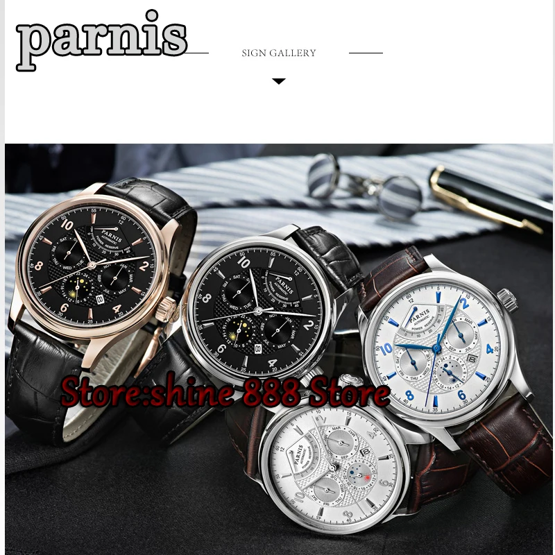 Мужские часы с белым циферблатом parnis 42 мм многофункциональный сапфировое стекло