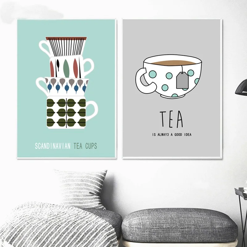 Coffee Tea Cups Cartoon Canvas Painting Modern Home Decoration Art Nordic Posters And Prints Modular Wall Pictures For Kitchen | Дом и сад