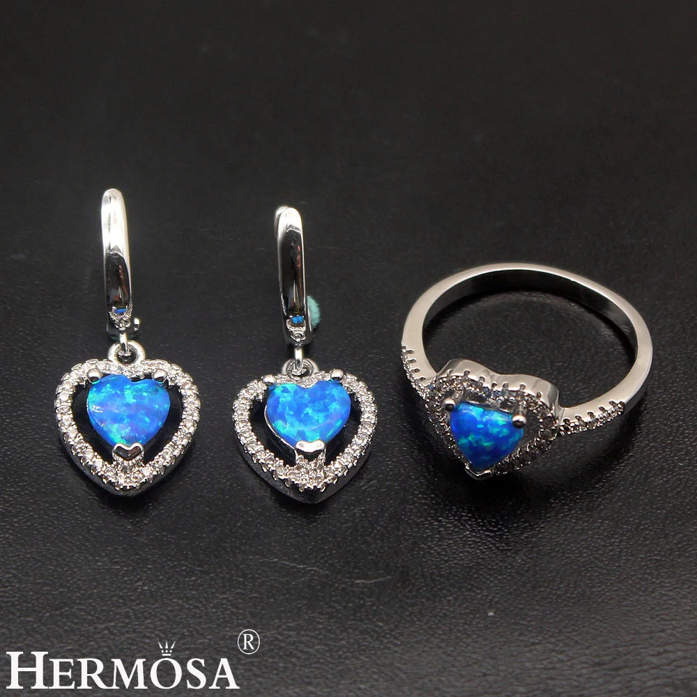 

Hermosa Heart Blue Fire Australian Opal Silver Color Earrings Ring Sets Size 6/7/8 Pretty Women Party Jewelry Cute Gift