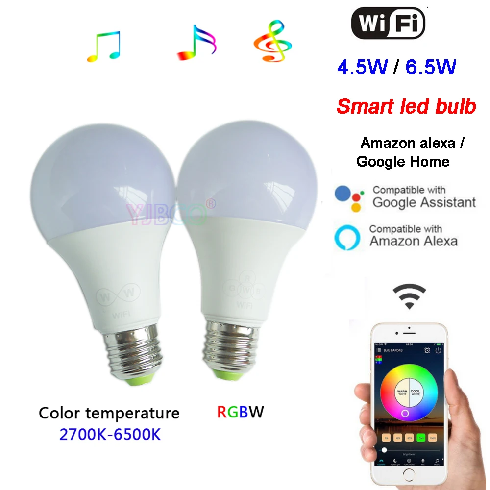 4.5W/6.5W WiFi Smart LED Bulb Music E27 Wifi Voice Control Color temperature/RGBW Timing Light Bulb for Android 4.0/IOS9.0